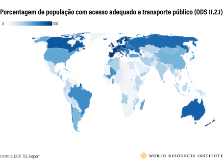 gráfico com mapa mundi mostra porcentagem de população com acesso adequado a transporte coletivo por país